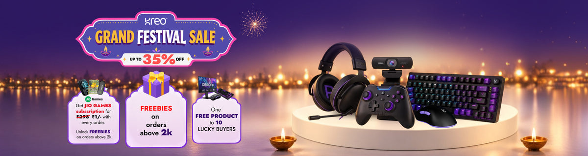 Kreo Grand Festival Sale: up to 35% off, free Jio Games subscription for Rs 1, freebies on orders above Rs 2000, and one free product for 10 lucky buyers