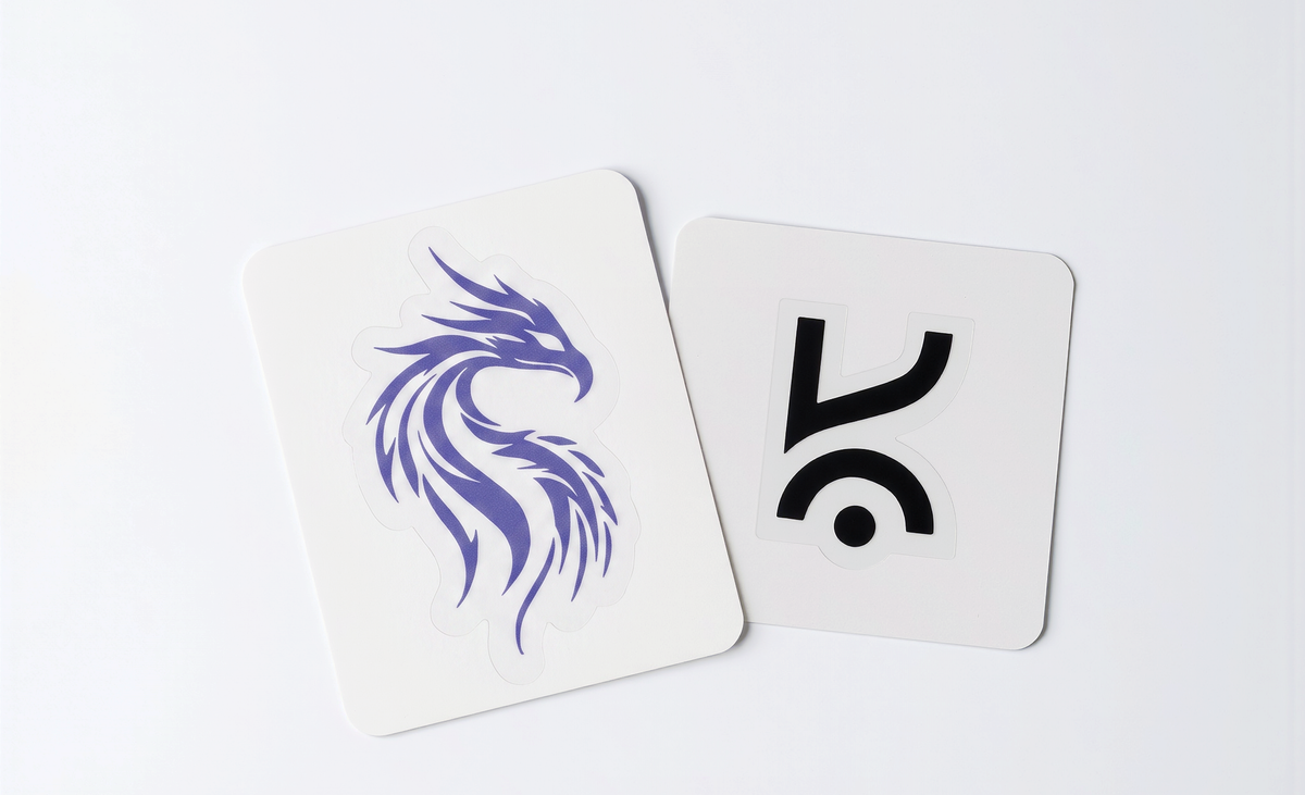 Two Kreo stickers, a dragon and the wordmark