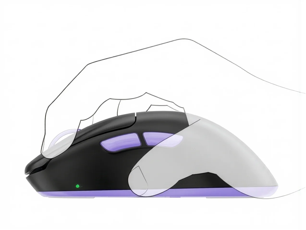 A hand resting on the Anzu V2 in a claw grip