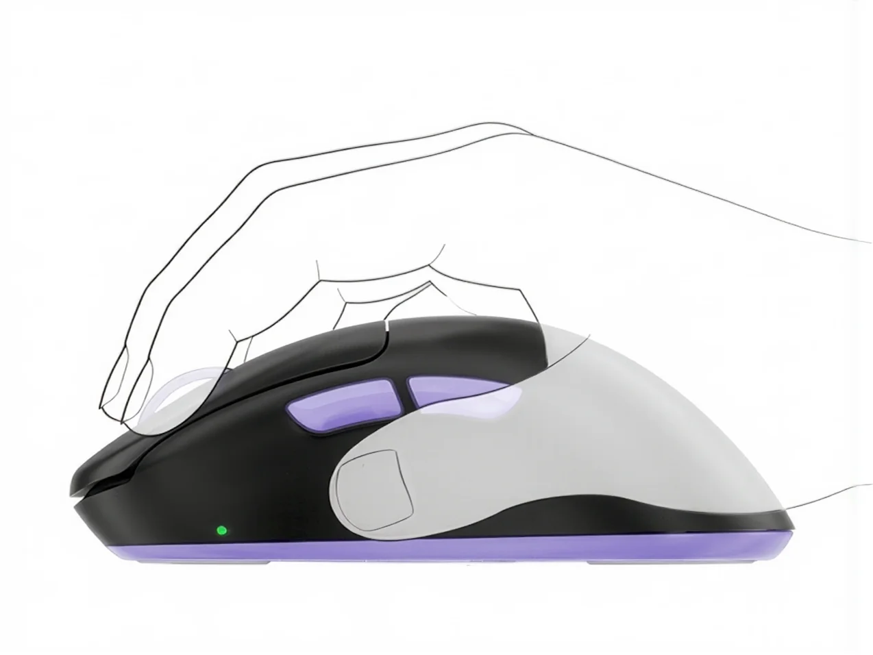 A hand resting on the Anzu V2 in a fingertip grip