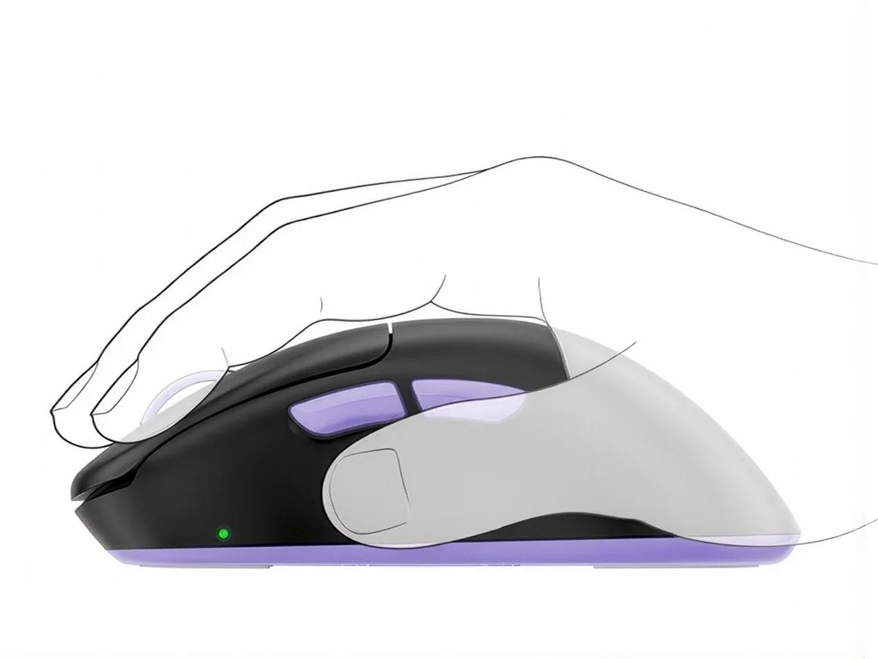 A hand resting on the Anzu V2 in a palm grip