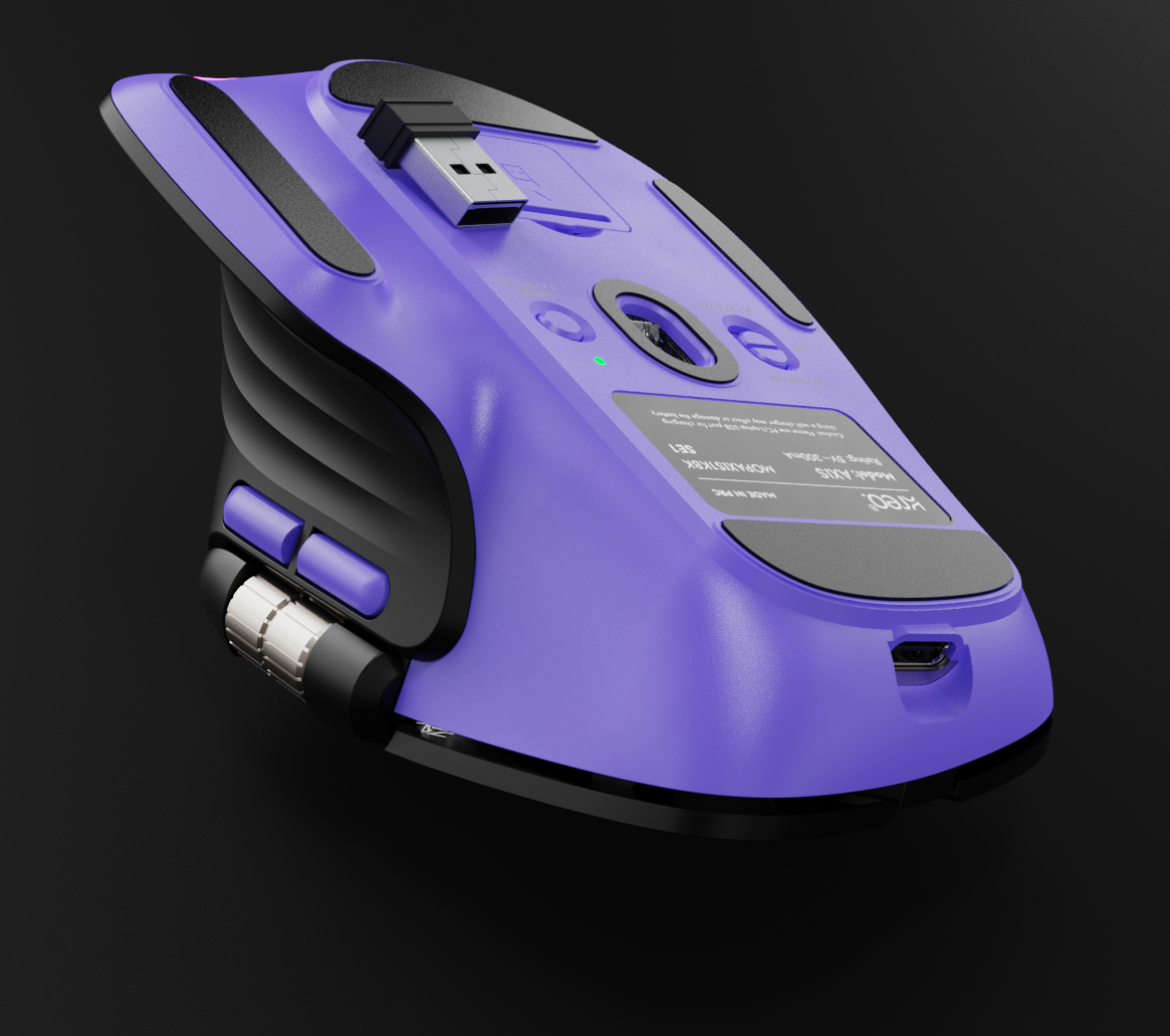 Underside of the Kreo Axis mouse with its in-body dongle storage