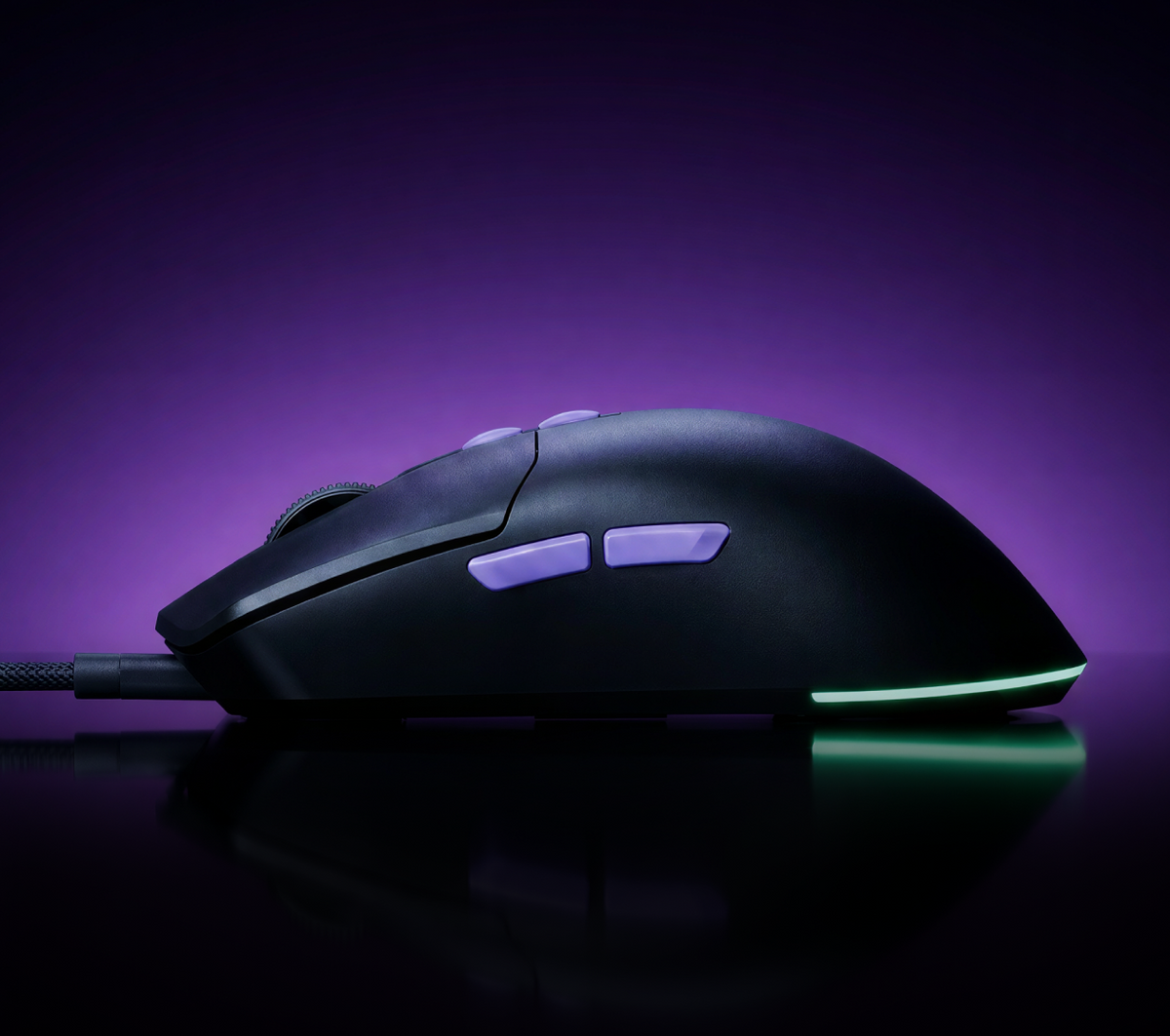 Harpy Pro Black side view with the RGB underglow lit