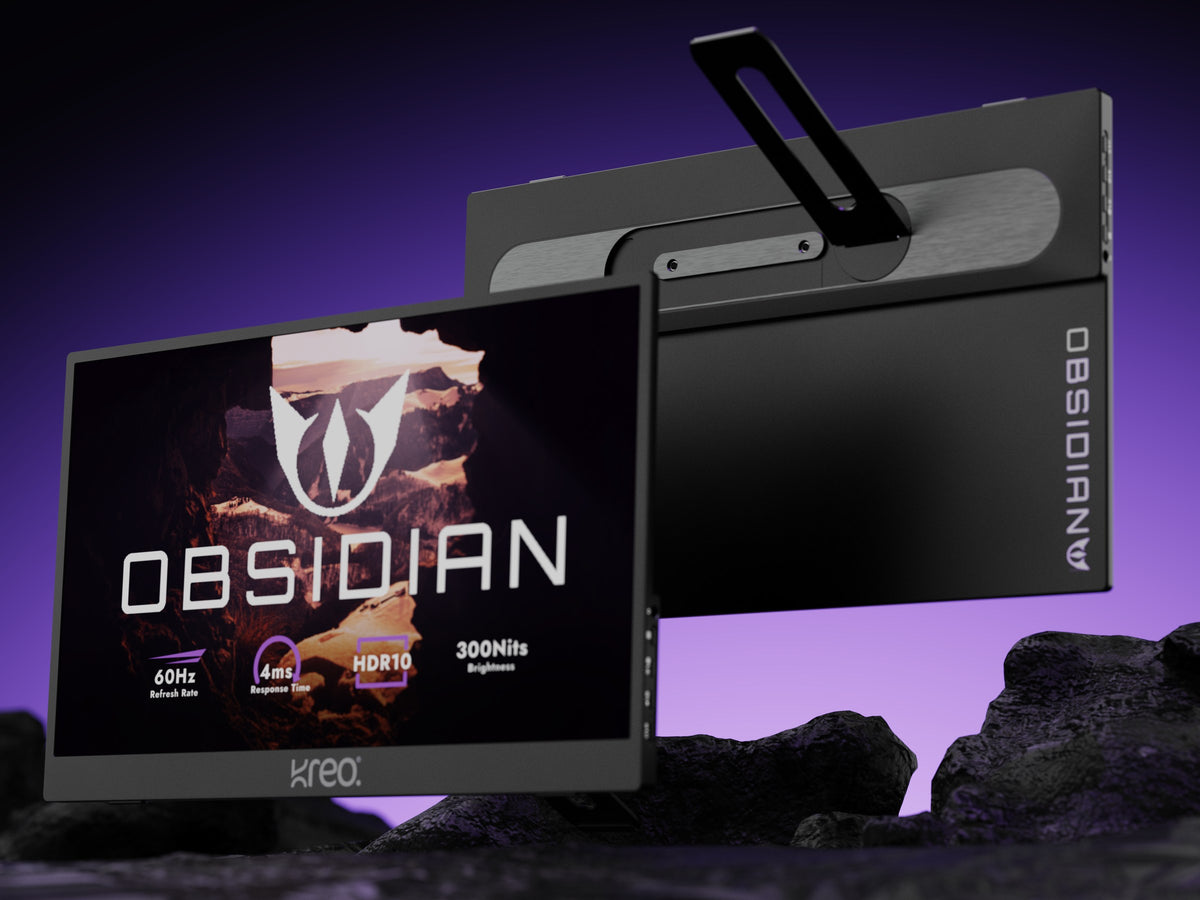Kreo Obsidian Portable V2 on a purple-lit rock, front and back views