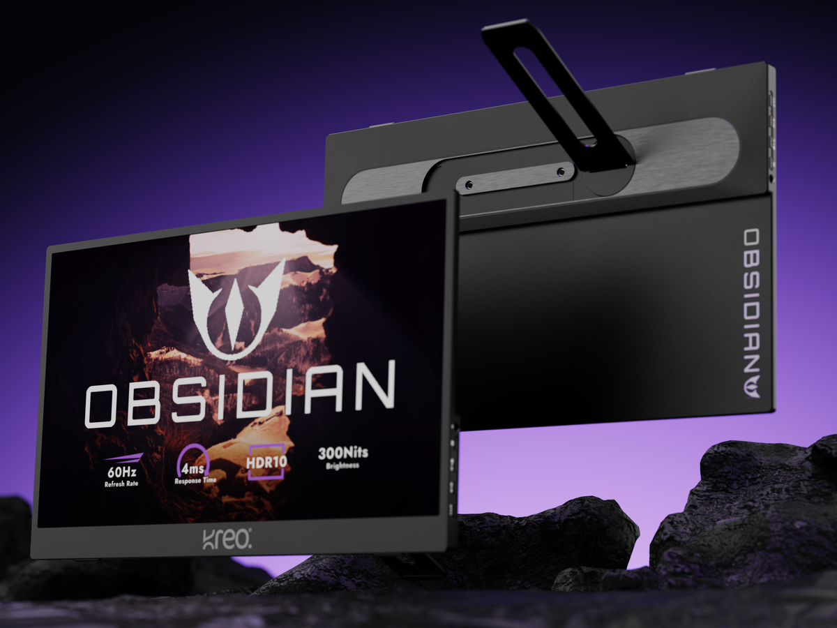 Kreo Obsidian Portable V2 on a purple-lit rock, front and back views