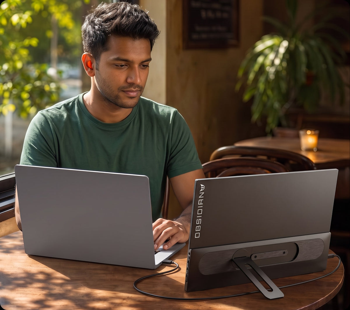 Man working at a cafe table with Obsidian Portable V2 on its stand