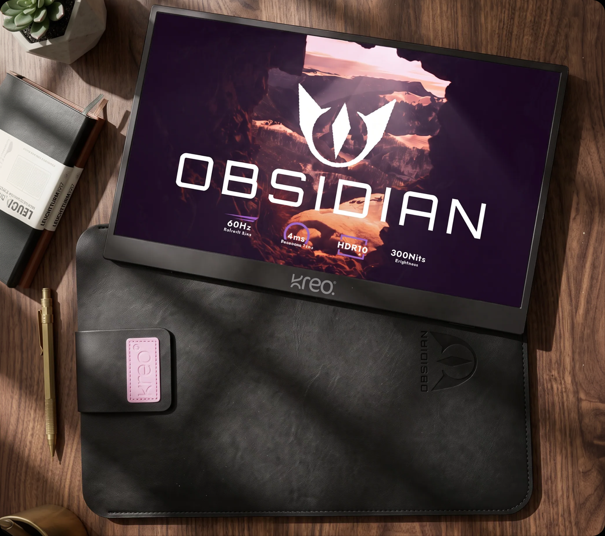 Obsidian Portable V2 on its PU leather sleeve, top down