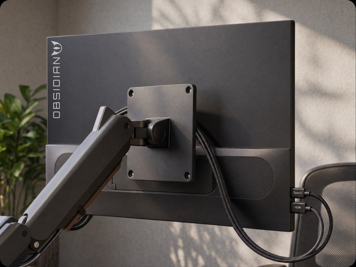Obsidian Portable V2 on a monitor arm via its VESA mount