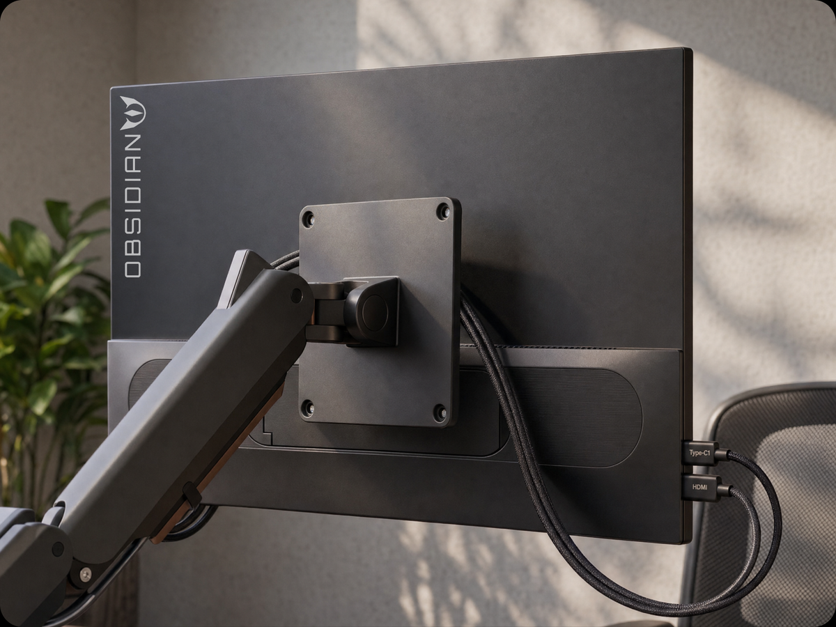 Obsidian Portable V2 on a monitor arm via its VESA mount