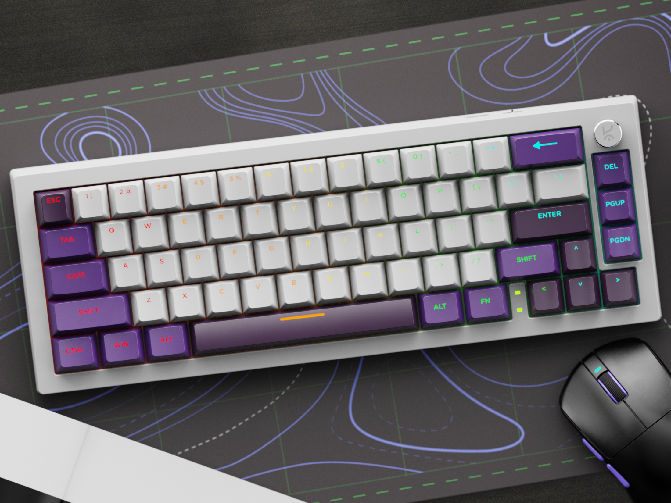 Swarm 65 hero on desk mat with mouse