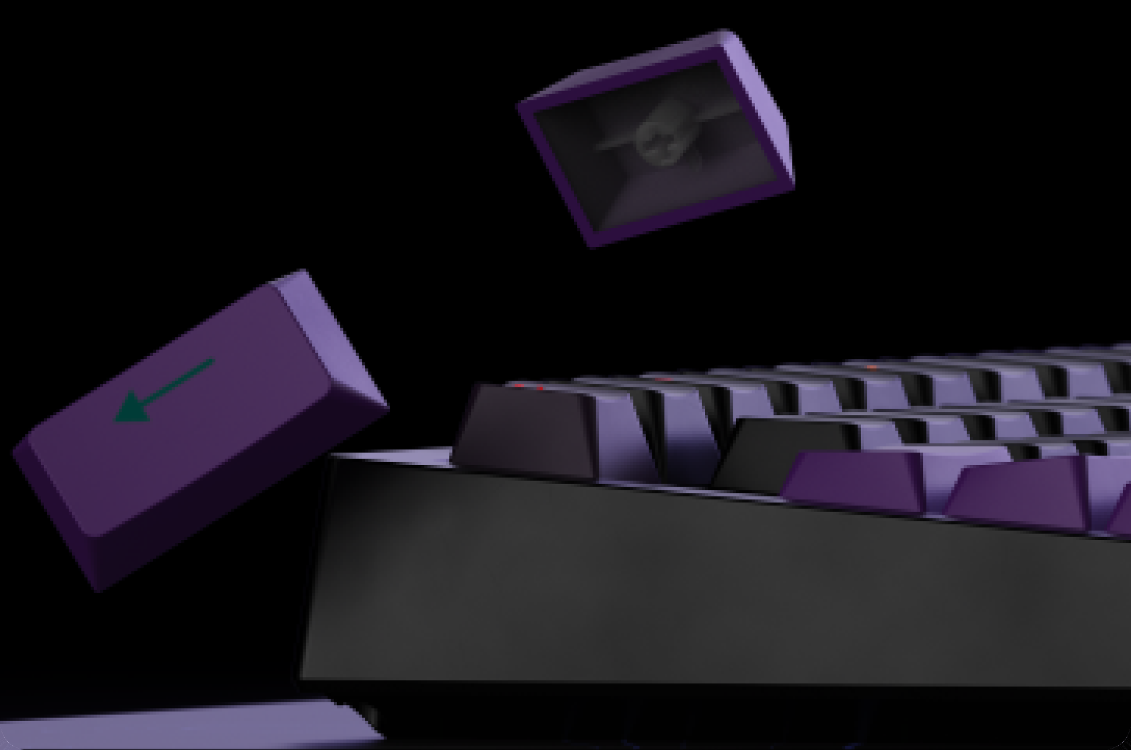 Swarm 65 Cherry-profile shine-through PBT keycaps floating above the board