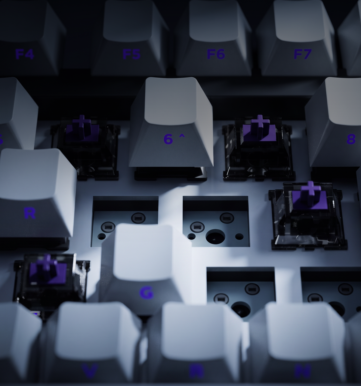 Close-up of the 3 and 5-pin hot-swappable PCB on a Kreo Swarm 75 Phantom keyboard