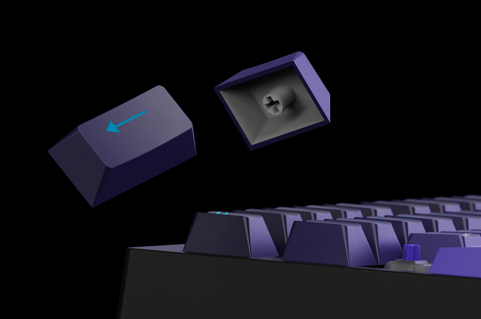 Two Swarm 75 keycaps floating above the board, one turned to show its stem