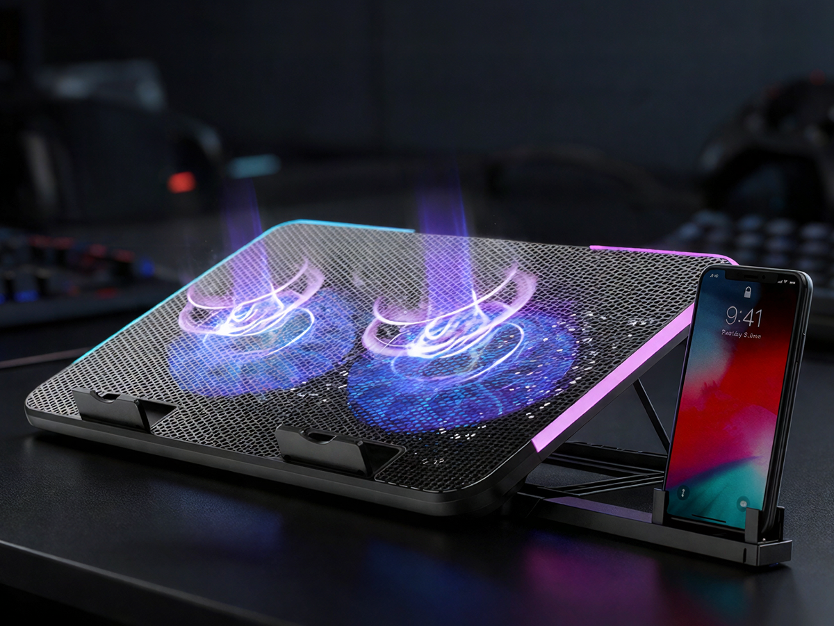 Kreo Taiga laptop cooler with dual fans lit blue, RGB edge and a phone in its bracket
