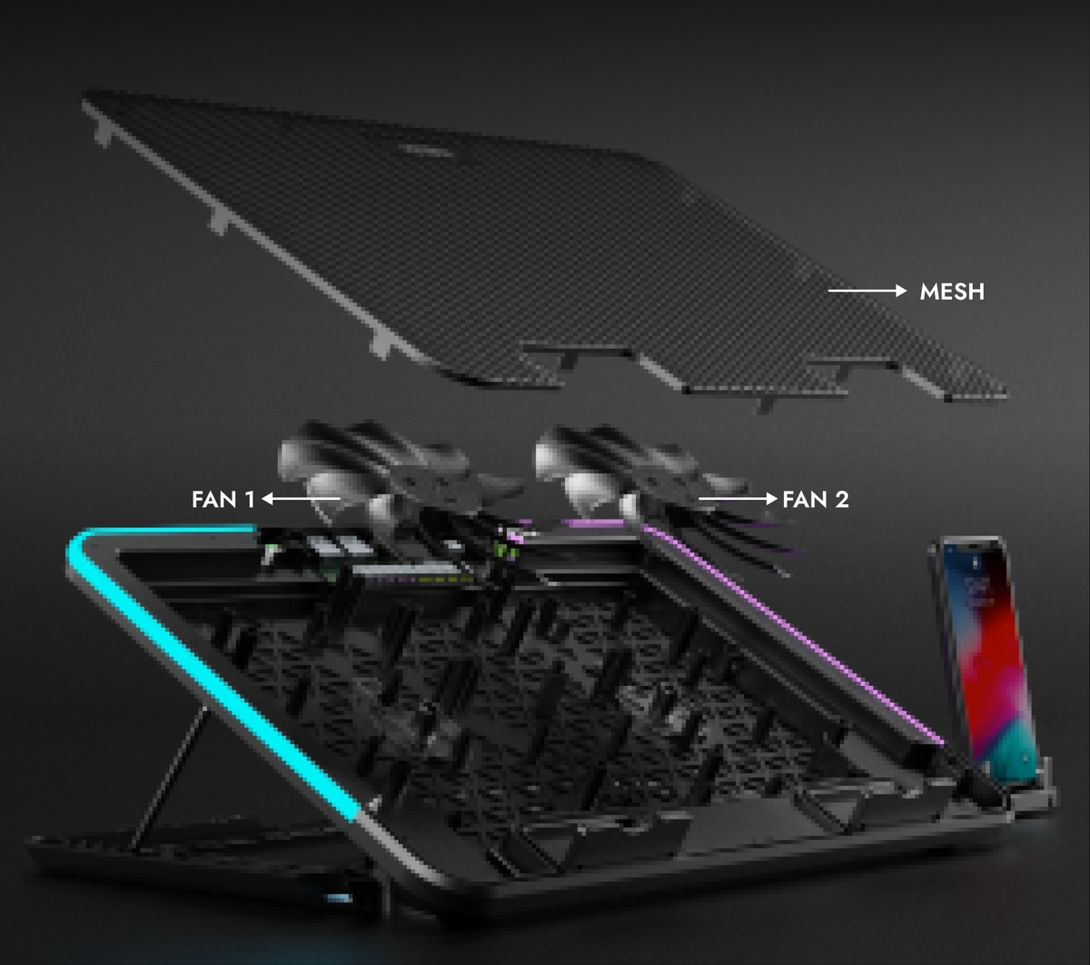 Exploded view of Taiga showing the mesh and two fans