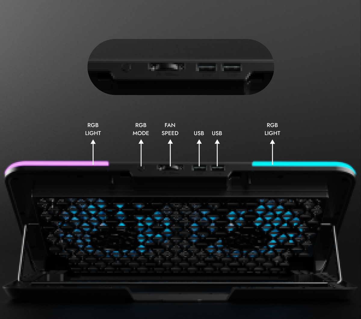 Front of Taiga with RGB, mode, fan speed and USB controls labelled